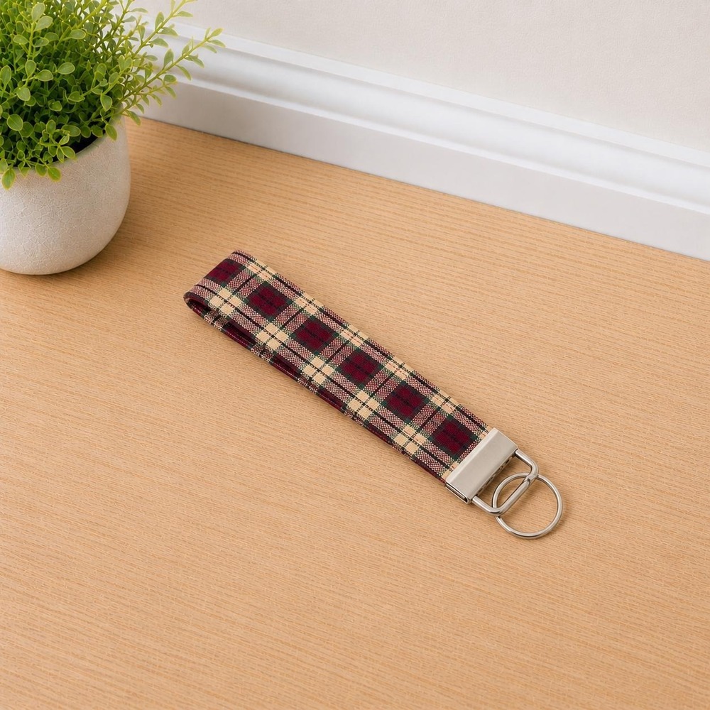 Plaid Wristlet Keychain, Fabric Key Fob, Fall Keychain, Rustic Key Holder